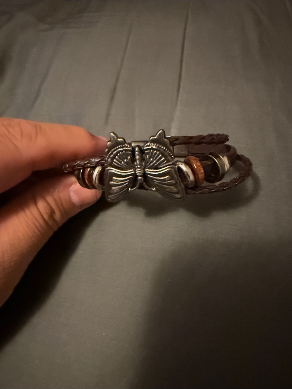 Brown Braided Leather Bracelet with Butterfly Accent